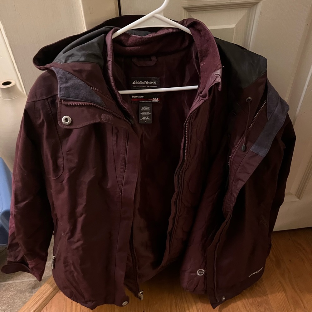Eddie Bauer Water repellent outer coat with hood and inner quilted coat.